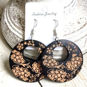 Boho Festival Carved Wood Round Dangle Earrings